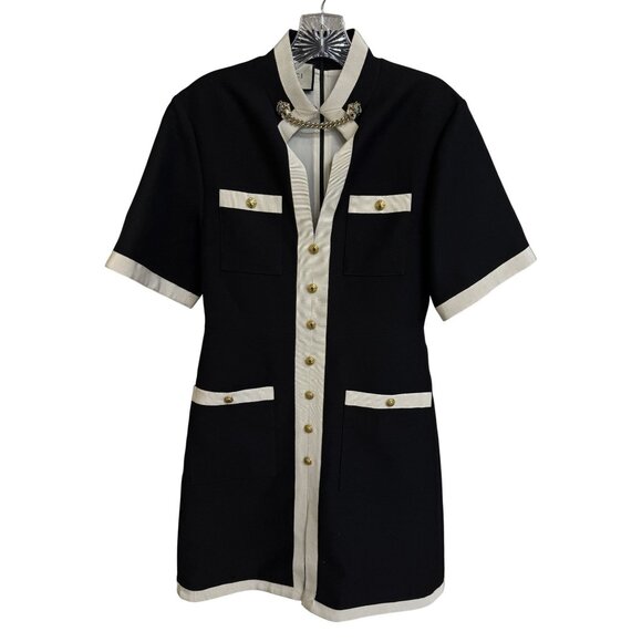 Gucci Womens Black & White Short-Sleeve Button-Up Blazer Dress With Gold Accent - Picture 7 of 16